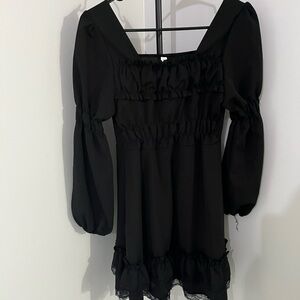 Black Long Sleeve Ruched Fit and Flare Dress